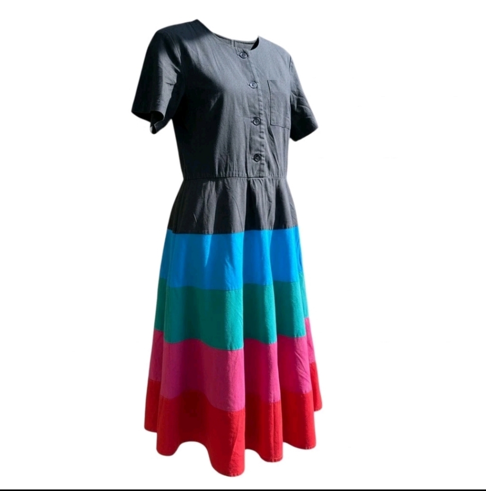 Vintage 80s Colorblock Midi Dress Cotton Rainbow Button Up USA Size Small Alicia - Picture 5 of 9